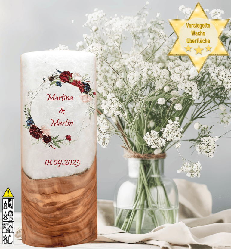 Hochzeitskerze mit Holzelement. Motiv: Rosenkranz Hochzeitskerze mit Holzelement. Motiv: Rosenkranz günstig in unserem Onlineshop kaufen. Personalisierte Hochzeitskerze online kaufen