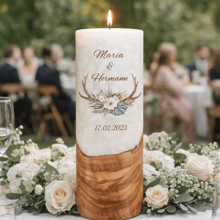 "Geweih" Hochzeitskerze mit Holzelement 30 cm hoch