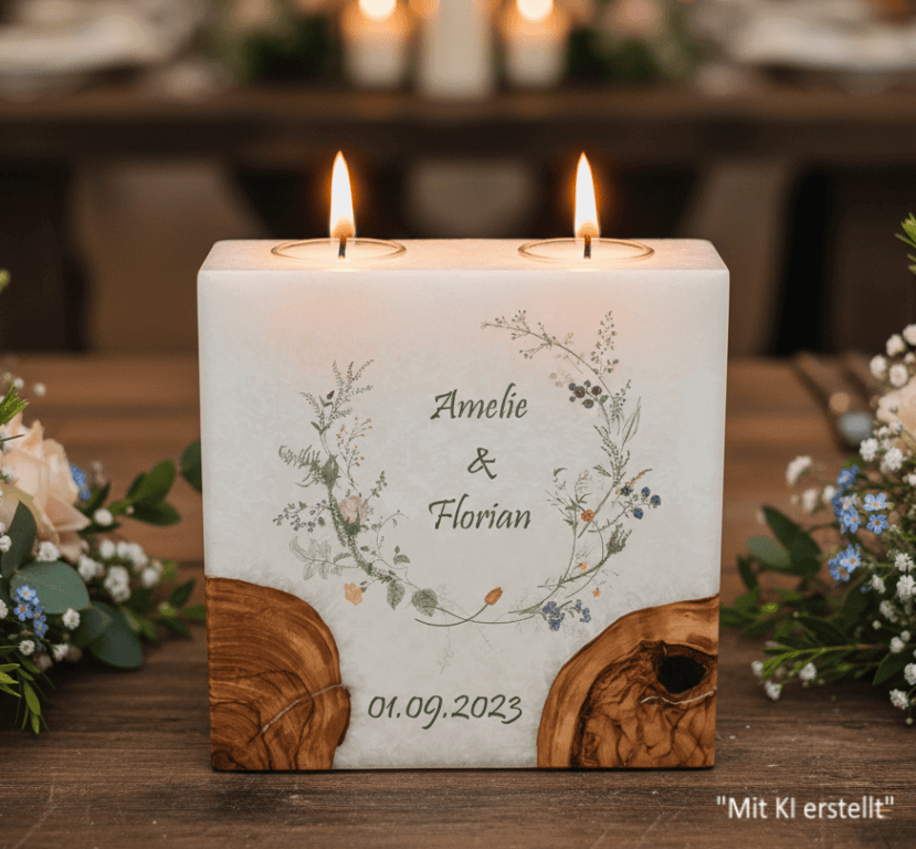 Hochzeitskerze Wiesenblumen mit 2 Holzelementen und 2 Teelichter 20 x 20 cm