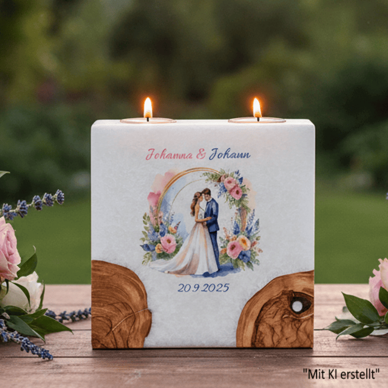 Hochzeitskerze "Brautpaar im Rosenbogen" mit 2 Holzelementen und 2 Teelichter 20 x 20 cm
