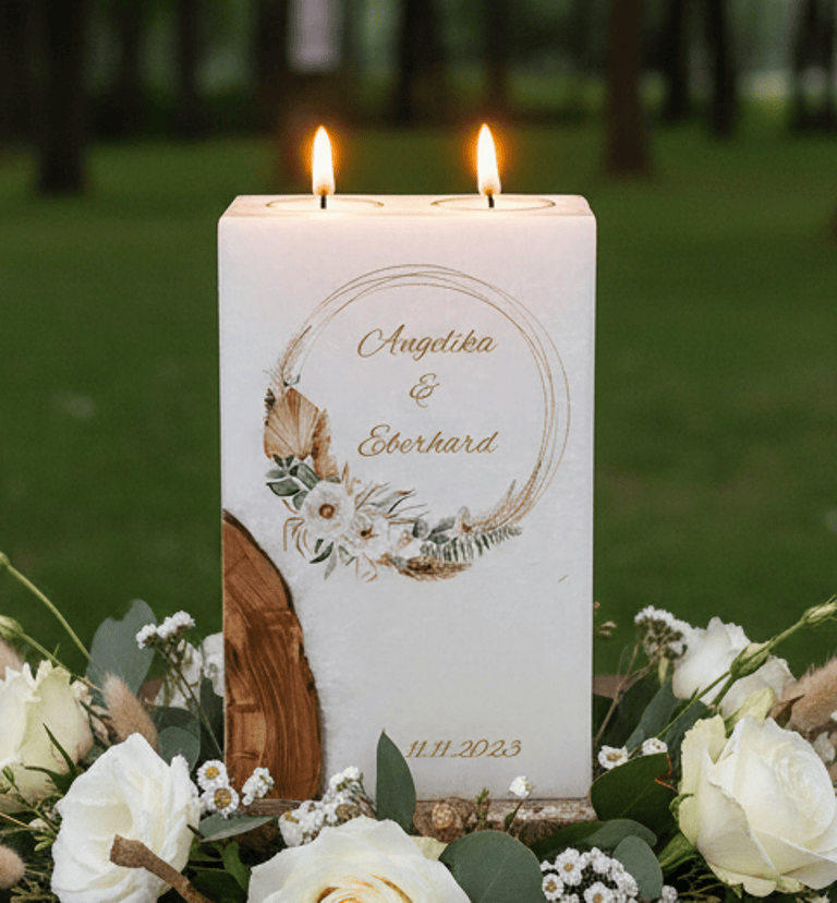 "Rustica Kranz" Hochzeitskerze mit Holz und 2 Teelichter 14 x 21 cm