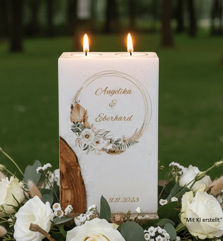 "Rustica Kranz" Hochzeitskerze mit Holz und 2 Teelichter 14 x 21 cm