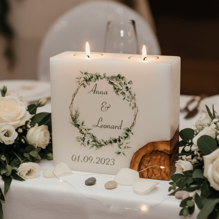 Hochzeitskerze Eukalyptus und Zweigen mit 1 Holzelement und 2 Teelichter 20 x 20 cm