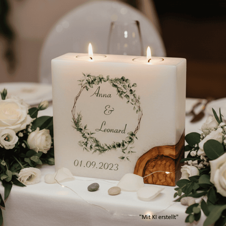 Hochzeitskerze Eukalyptus und Zweigen mit 1 Holzelement und 2 Teelichter 20 x 20 cm