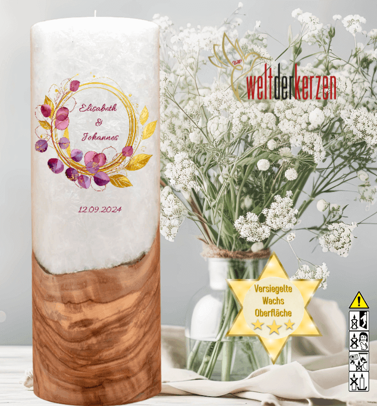 "Eukalyptis Bordaux" Hochzeitskerze mit Holzelement 30 cm hoch