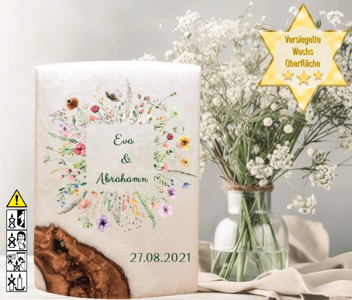 "Blumen Rahmen" Hochzeitskerze mit Holzelement 14 x 21 cm oval mit Teelicht oder Docht "Blumen Rahmen" Hochzeitskerze mit Holzelement 14 x 21 cm oval mit Teelicht oder Docht