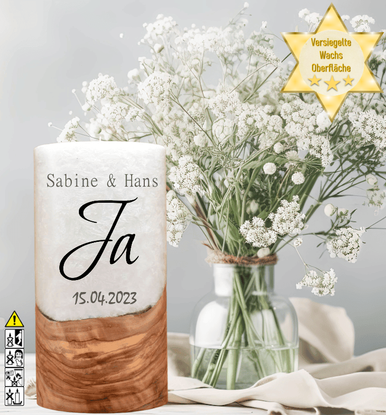 Hochzeitskerze mit Holzelement. Motiv: Ja Hochzeitskerze mit Holzelement. Motiv: Ja günstig in unserem Onlineshop kaufen. Personalisierte Hochzeitskerze online kaufen