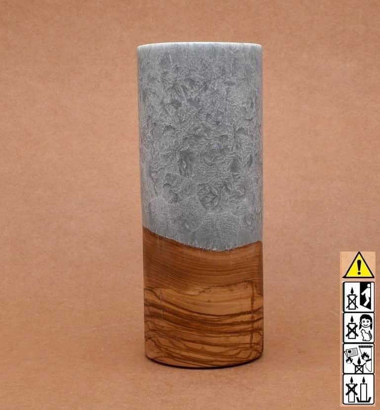 Kerze mit Holz Unikat Rund 80 x 200 mm mit Teelicht in silbergrau Nr.: 1
