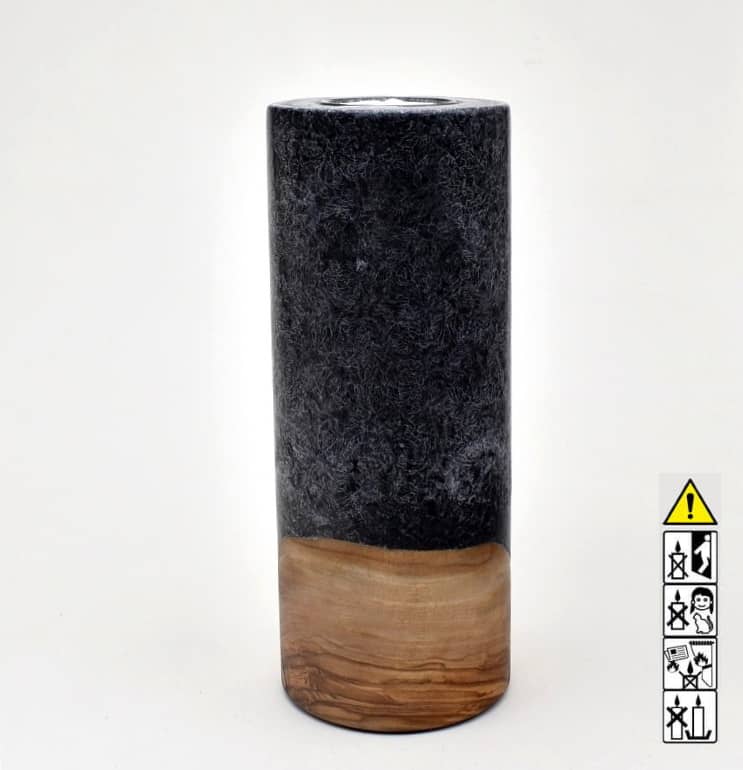 Kerze mit Holz Unikat Rund 80 x 200 mm mit Teelicht in schwarz