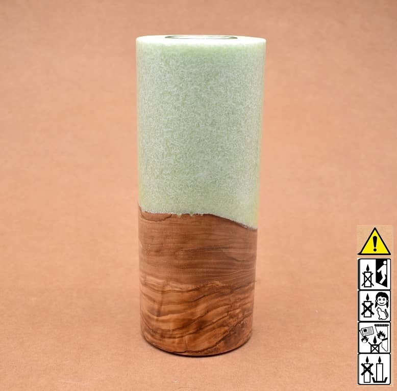 Kerze mit Holz Unikat Rund 80 x 200 mm mit Teelicht in lindgrün Nr.: 1