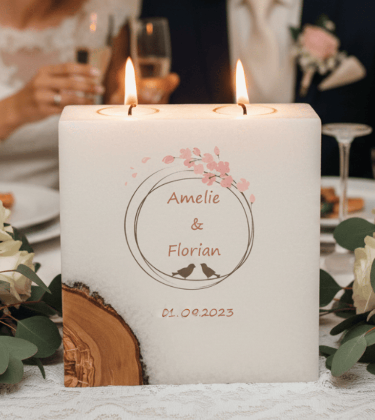 Hochzeitskerze Vogelpaar Nr.:1 mit 1 Holzelement und 2 Teelichter 20 x 20 cm