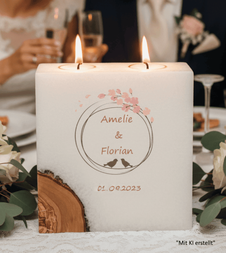 Hochzeitskerze Vogelpaar Nr.:1 mit 1 Holzelement und 2 Teelichter 20 x 20 cm