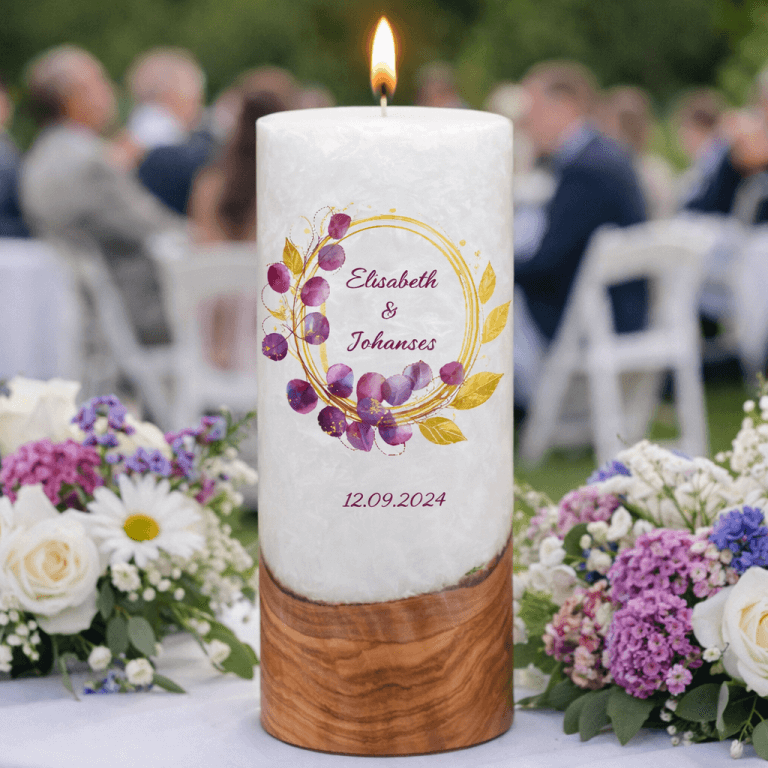 "Eukalyptis Bordaux" Hochzeitskerze mit Holzelement 30 cm hoch