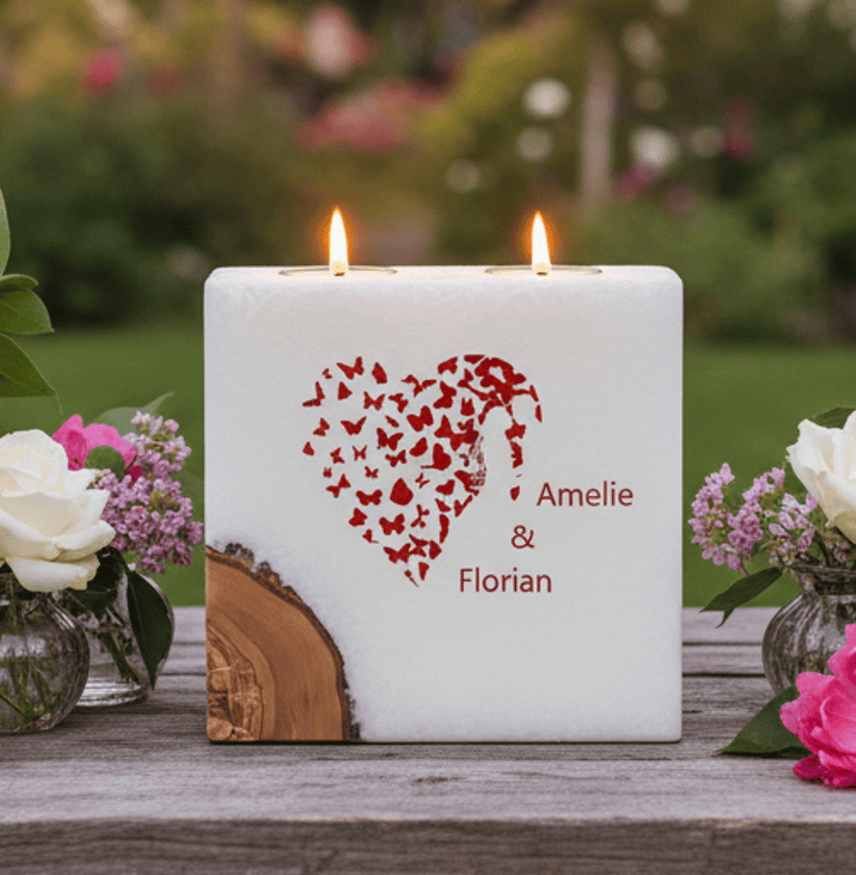 Hochzeitskerze Brautpaar im Herz mit 1 Holzelement und 2 Teelichter 20 x 20 cm