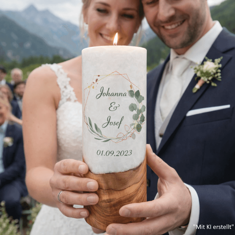 "Oliven und Eukalyptus" Hochzeitskerze mit Holzelement 30 cm hoch