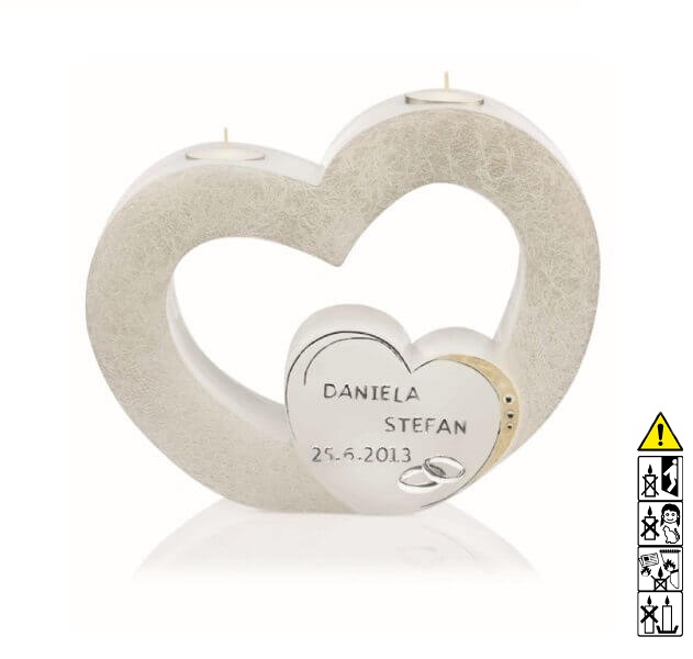 Hochzeitskerze "Doppelherz" in silber mit Teelichteinsatz Individuelle Hochzeitskerze kaufen für die Trauung "Doppelherz" in silber mit Teelichteinsatz