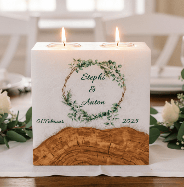 Hochzeitskerze Eukalyptus und Zweigen mit Sockel und 2 Teelichter 20 x 20 cm