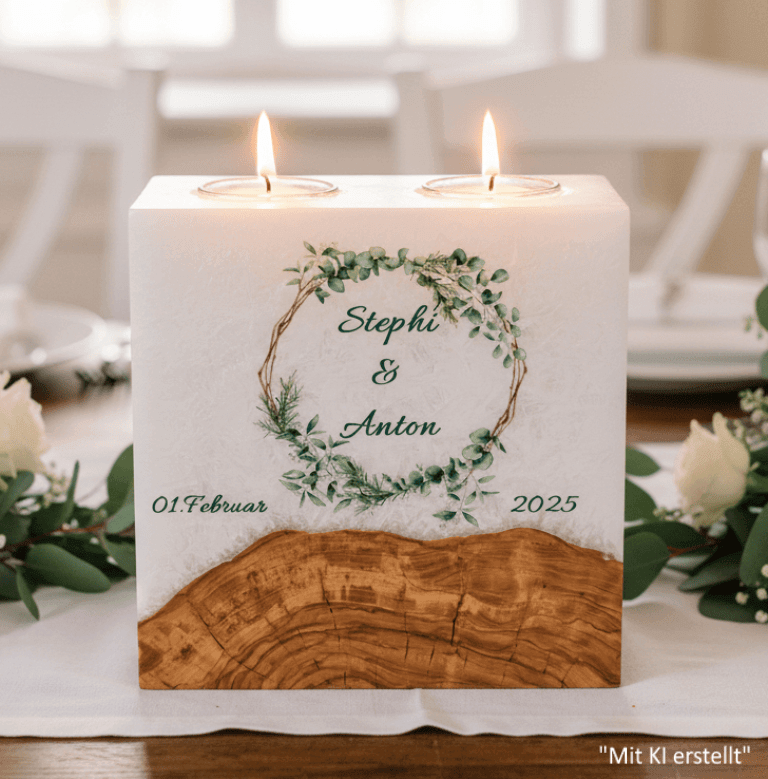 Hochzeitskerze Eukalyptus und Zweigen mit Sockel und 2 Teelichter 20 x 20 cm
