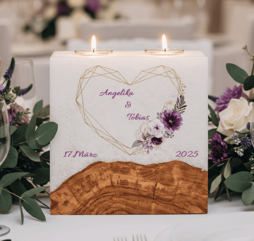 "Herz in Lila" Hochzeitskerze mit Sockel und 2 Teelichter 20 x 20 cm