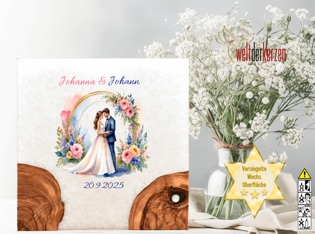 Hochzeitskerze "Brautpaar im Rosenbogen" mit 2 Holzelementen und 2 Teelichter 20 x 20 cm Hochzeitskerze "Brautpaar im Rosenbogen" mit 2 Holzelementen und 2 Teelichter 20 x 20 cm