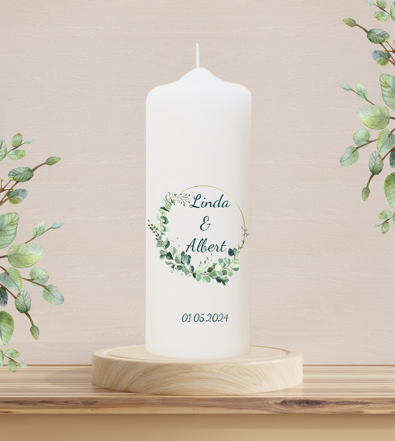 Personalisierte Hochzeitskerze "Eukalyptus Kranz wild" 25 cm