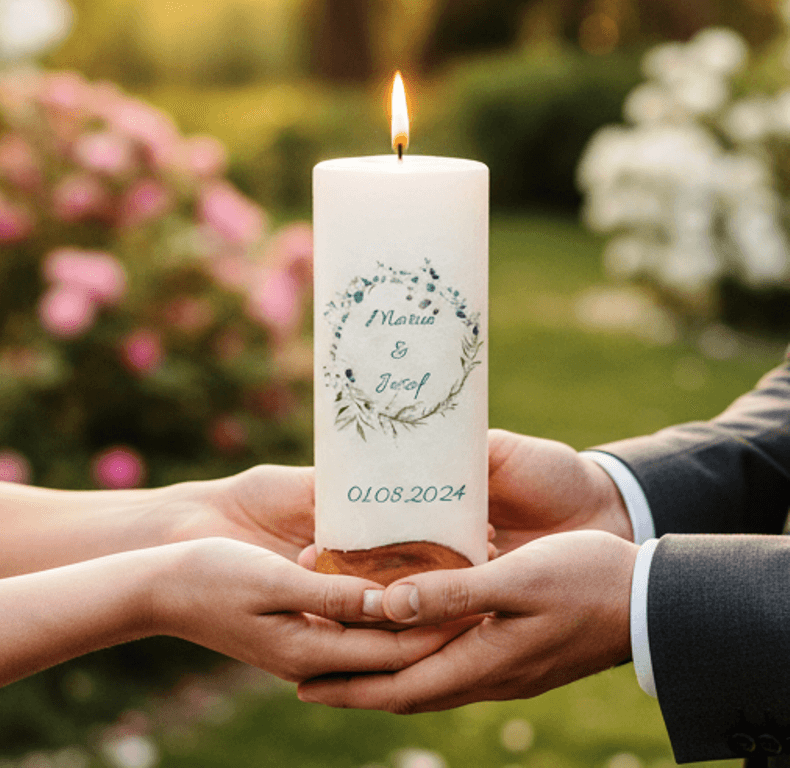 "Eukalyptuskranz 3" 25 cm Hochzeitskerze mit Holzelement