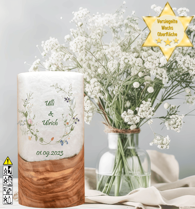Hochzeitskerze mit Holzelement. Motiv: Wiesenblumen Hochzeitskerze mit Holzelement. Motiv: Wiesenblumen günstig in unserem Onlineshop kaufen. Personalisierte Hochzeitskerze online kaufen