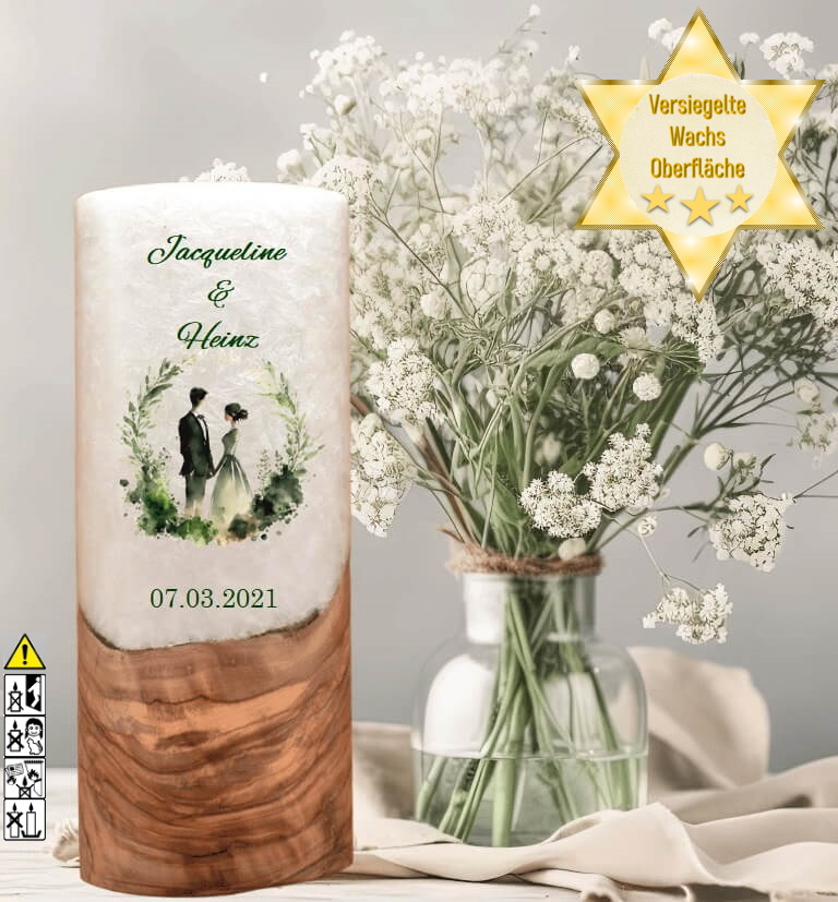 "Brautpaar im Kranz" Hochzeitskerze mit Holzelement 25 cm hoch "Brautpaar im Kranz" Hochzeitskerze mit Holzelement 25 cm hoch