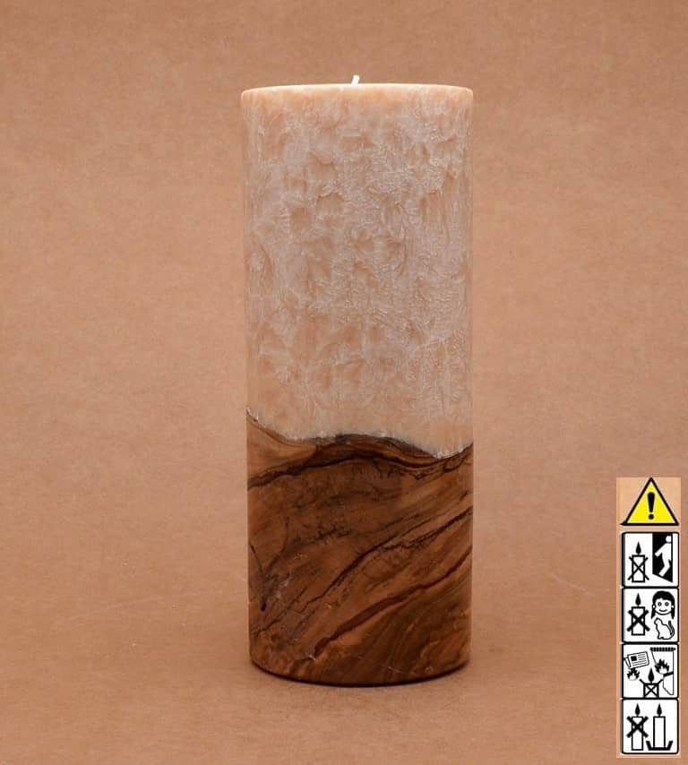 Kerze mit Holz Unikat Rund 80 x 200 mm mit Teelicht in beige Nr.: 3