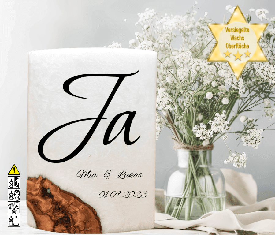 Hochzeitskerze mit Holzelement. Motiv: Ja Hochzeitskerze mit Holzelement. Motiv: Ja günstig in unserem Onlineshop kaufen. Personalisierte Hochzeitskerze online kaufen