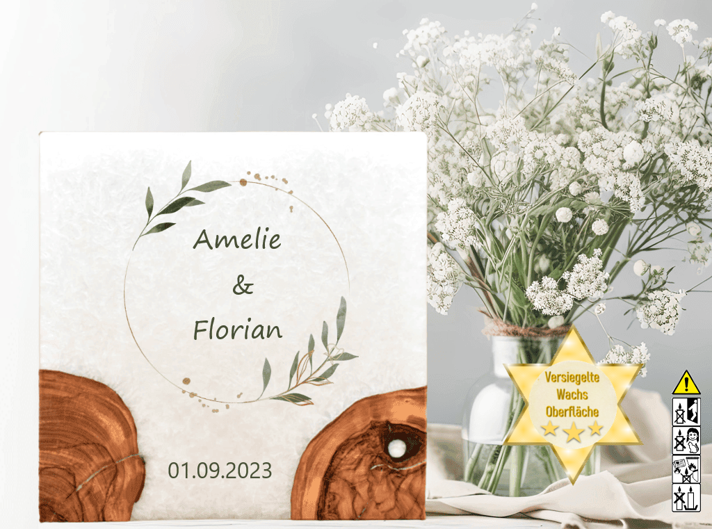 Hochzeitskerze mit Holzelement. Motiv: Olivenkranz Hochzeitskerze mit Holzelement. Motiv: Olivenkranz günstig in unserem Onlineshop kaufen. Personalisierte Hochzeitskerze online kaufen