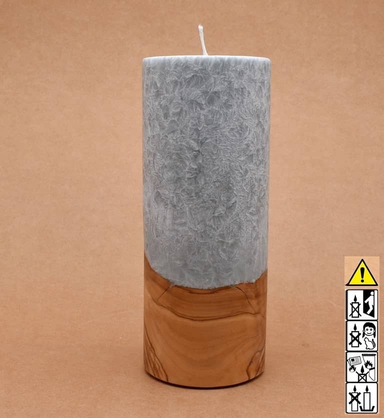 Kerze mit Holz Unikat Rund 80 x 200 mm mit Docht in silbergrau Nr.: 3