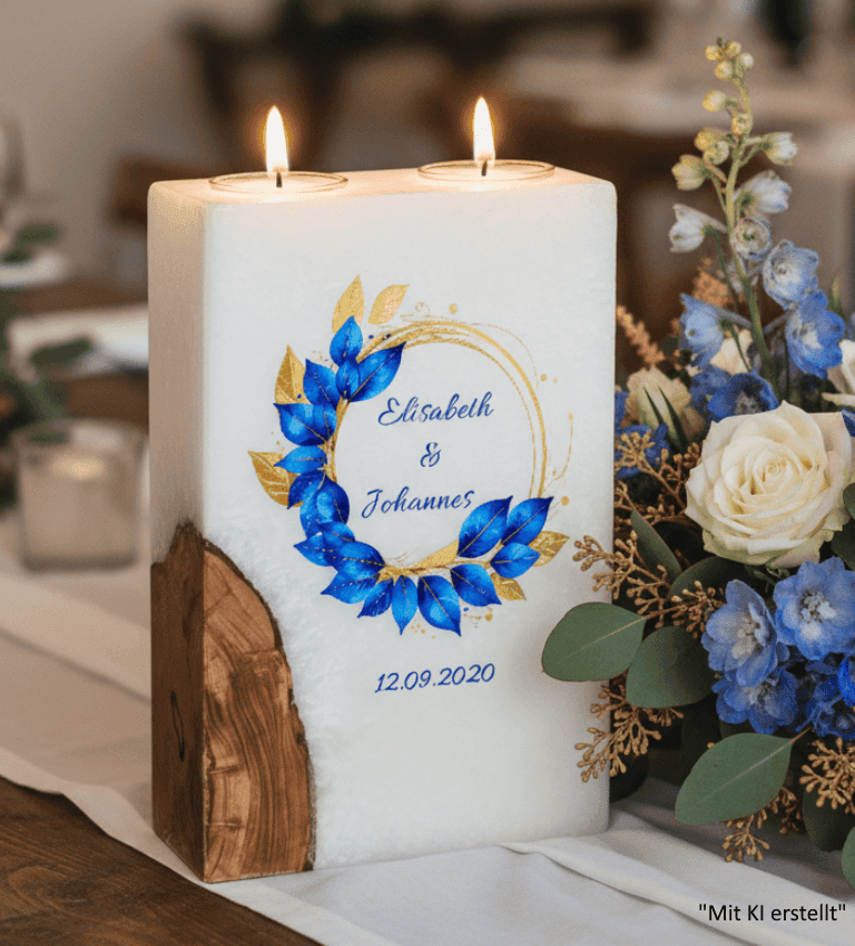 "Eukalyptus Blau" Hochzeitskerze mit Holz und 2 Teelichter 14 x 21 cm
