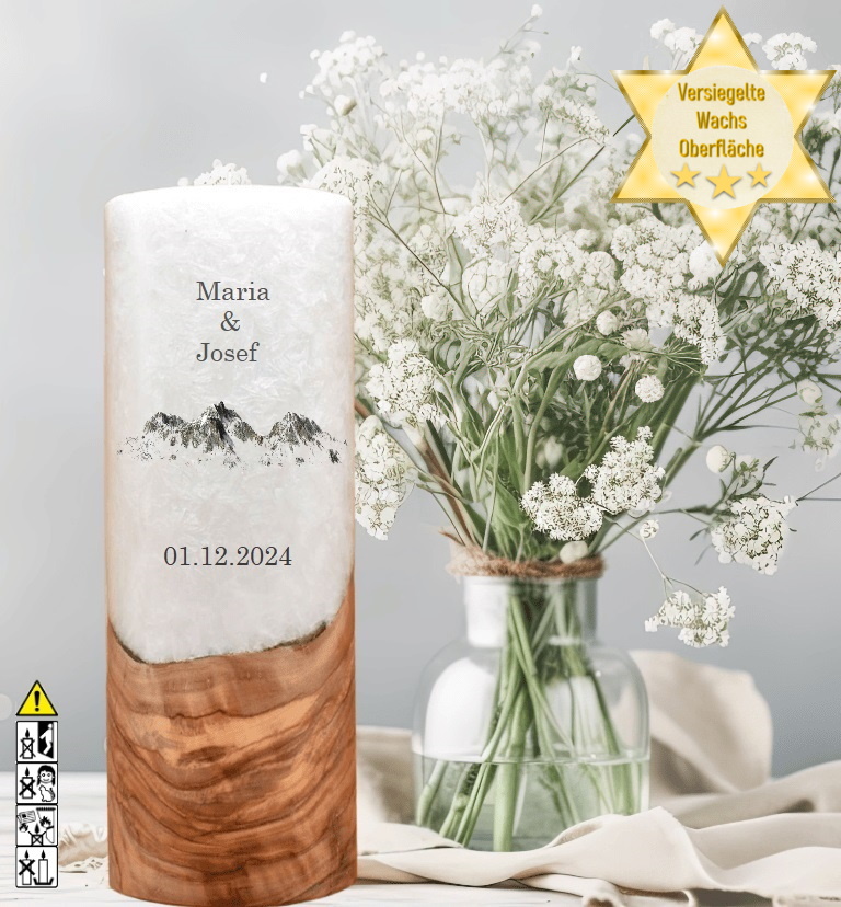 "Berge" Hochzeitskerze mit Holzelement 25 cm hoch "Berge" Hochzeitskerze mit Holzelement 25 cm hoch