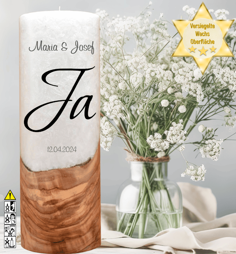 Hochzeitskerze mit Holzelement. Motiv: Ja Hochzeitskerze mit Holzelement. Motiv: Ja günstig in unserem Onlineshop kaufen. Personalisierte Hochzeitskerze online kaufen
