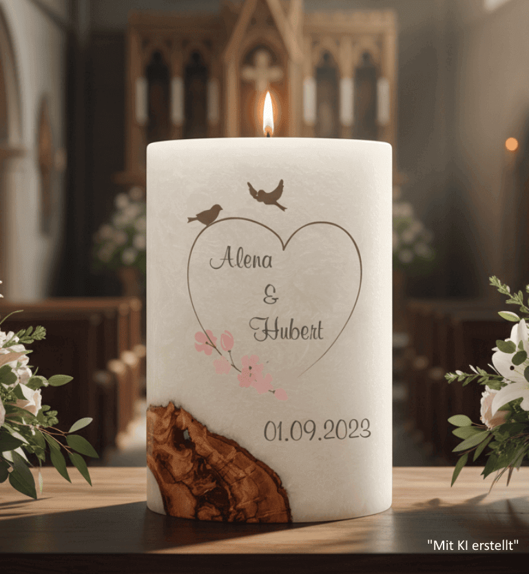"Vogelpaar im Herz" Hochzeitskerze mit Holzelement. 14 x 21 cm oval mit Teelicht oder Docht