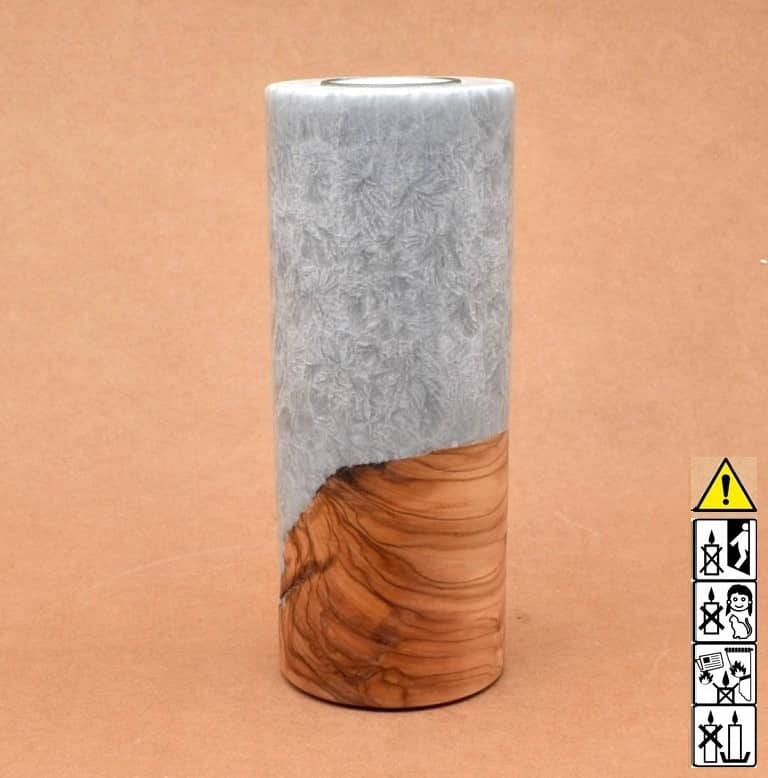 Hochzeitskerze, Kerze mit Holzeinsatz, Teelicht rund, grau. Individuelle, perönliche Hochzeitskerze  im Kerzen online Shop für Hochzeiten bestellen, günstig kaufen.