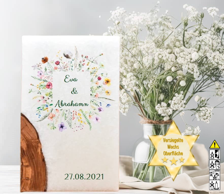 "Blumen Rahmen" Hochzeitskerze mit Holz und 2 Teelichter 14 x 21 cm "Blumen Rahmen" Hochzeitskerze mit Holz und 2 Teelichter 14 x 21 cm