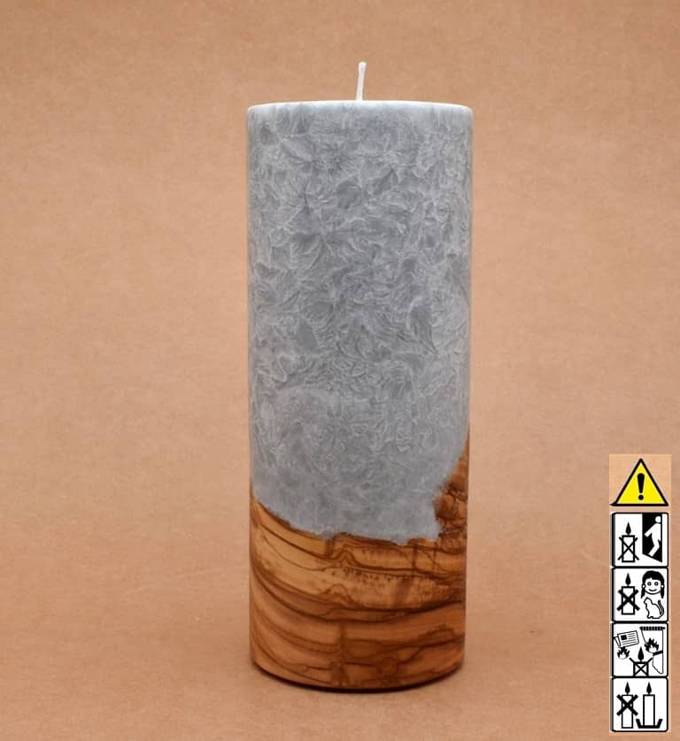 Kerze mit Holz Unikat Rund 80 x 200 mm mit Docht in silbergrau Nr.: 1
