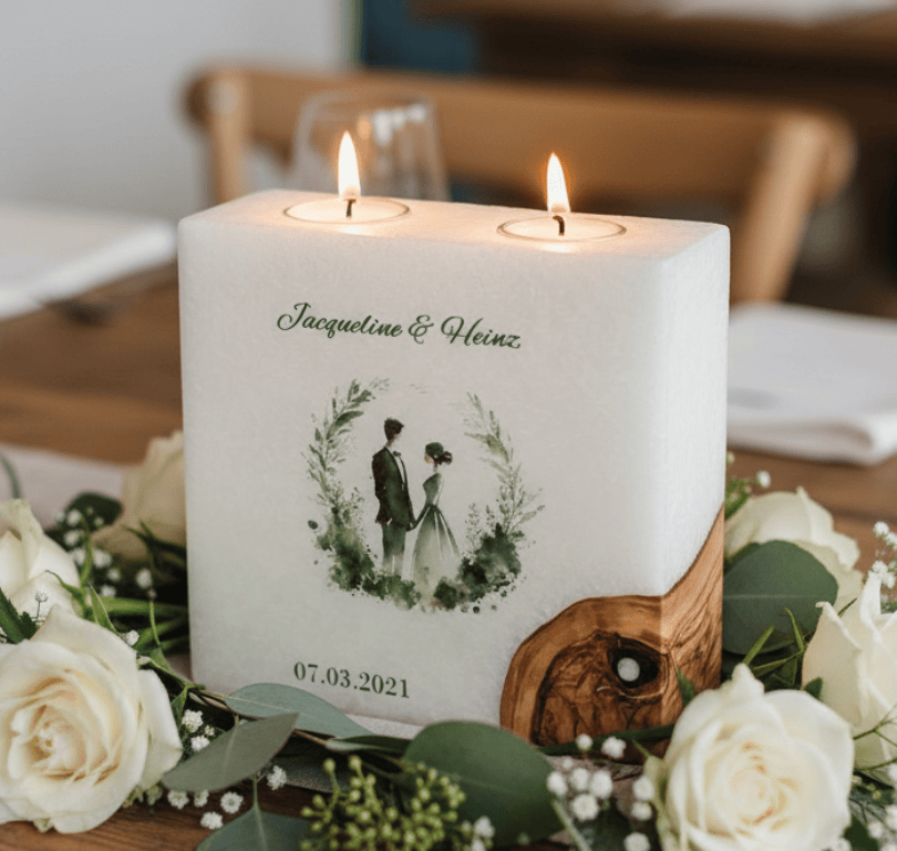 "Brautpaar im Kranz" Hochzeitskerze mit 1 Holzelement und 2 Teelichter 20 x 20 cm