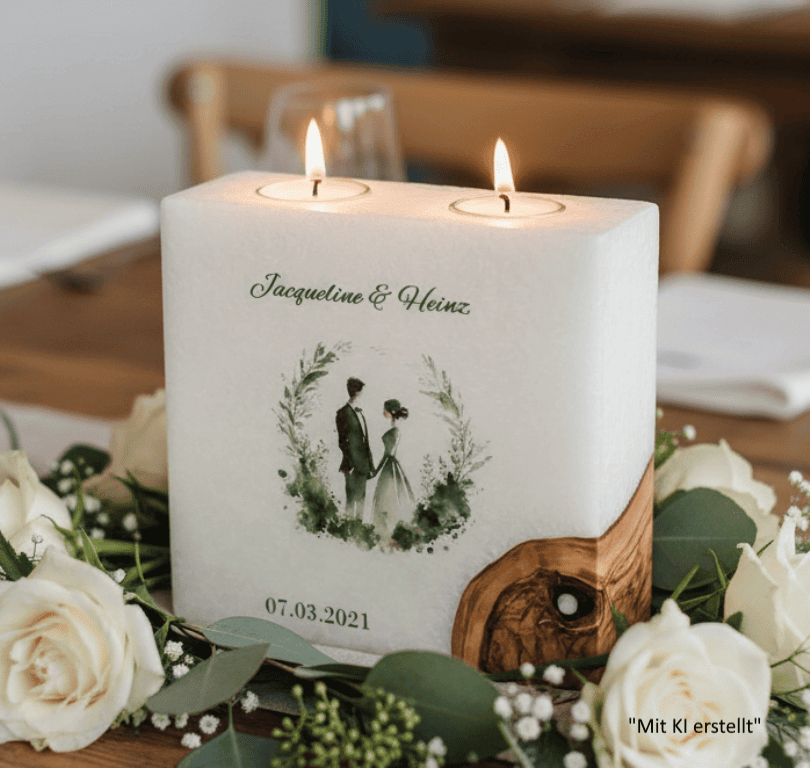 "Brautpaar im Kranz" Hochzeitskerze mit 1 Holzelement und 2 Teelichter 20 x 20 cm