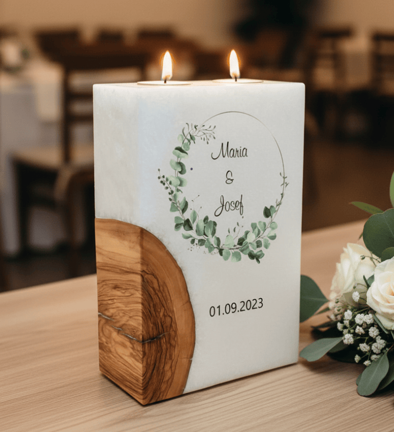 "Eukalyptus Kranz wild" Hochzeitskerze mit Holz und 2 Teelichter 14 x 21 cm