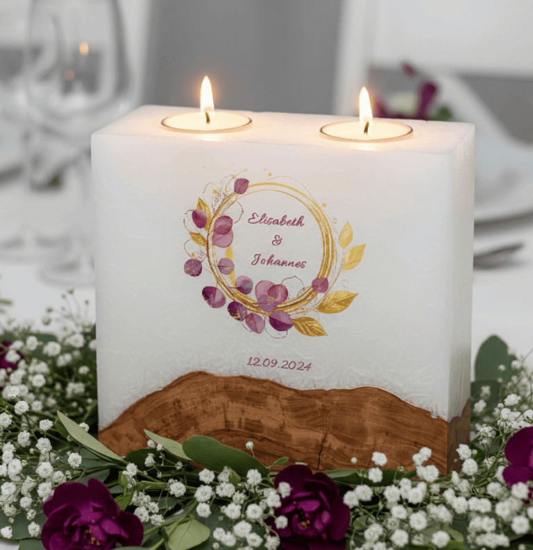 Hochzeitskerze "Eukalyptus Bordaux" mit Sockel und 2 Teelichter 20 x 20 cm