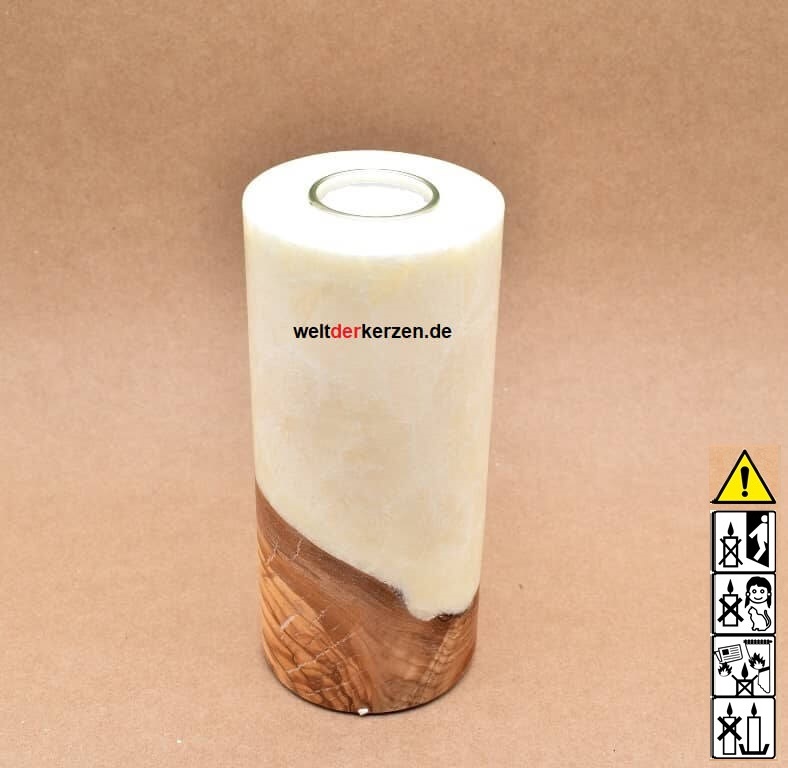 Kerze mit Holzelement, Unikat Holzkerze, Rund Stearinoptik, Kerze mit Teelicht Nummer 104