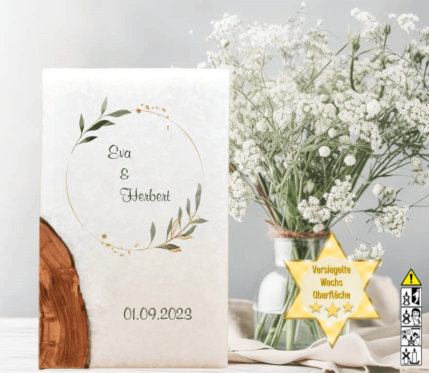 Hochzeitskerze mit Holzelement. Motiv: Olivenkranz Hochzeitskerze mit Holzelement. Motiv: Olivenkranz günstig in unserem Onlineshop kaufen. Personalisierte Hochzeitskerze online kaufen
