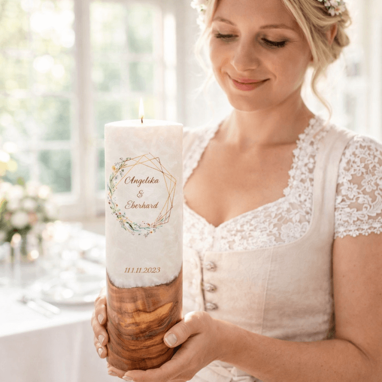 "Frühlingsblumen Kranz" Hochzeitskerze mit Holzelement 30 cm hoch