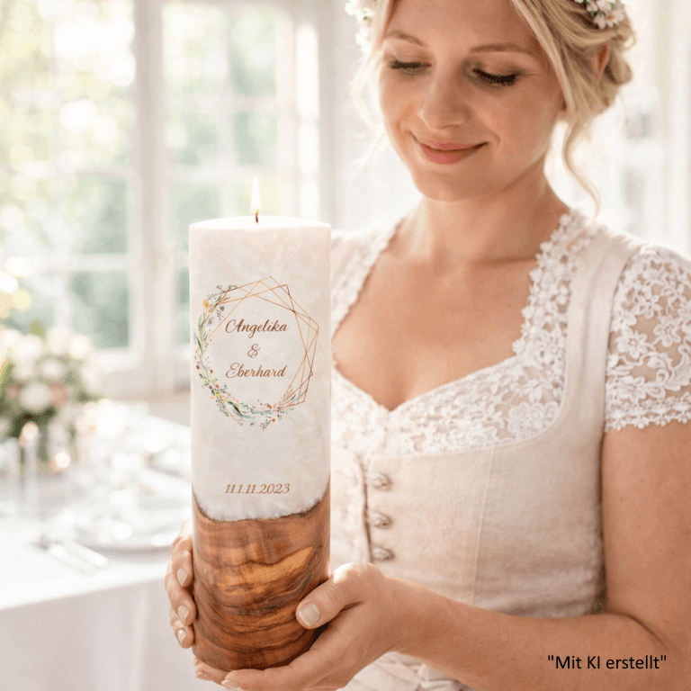 "Frühlingsblumen Kranz" Hochzeitskerze mit Holzelement 30 cm hoch