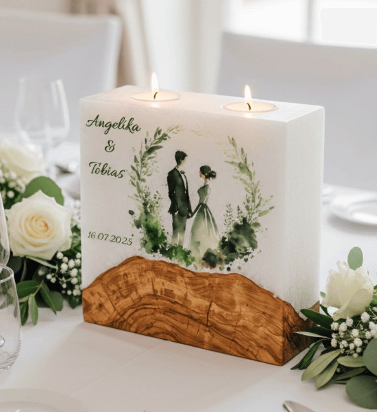 "Brautpaar im Kranz" Hochzeitskerze mit Sockel und 2 Teelichter 20 x 20 cm