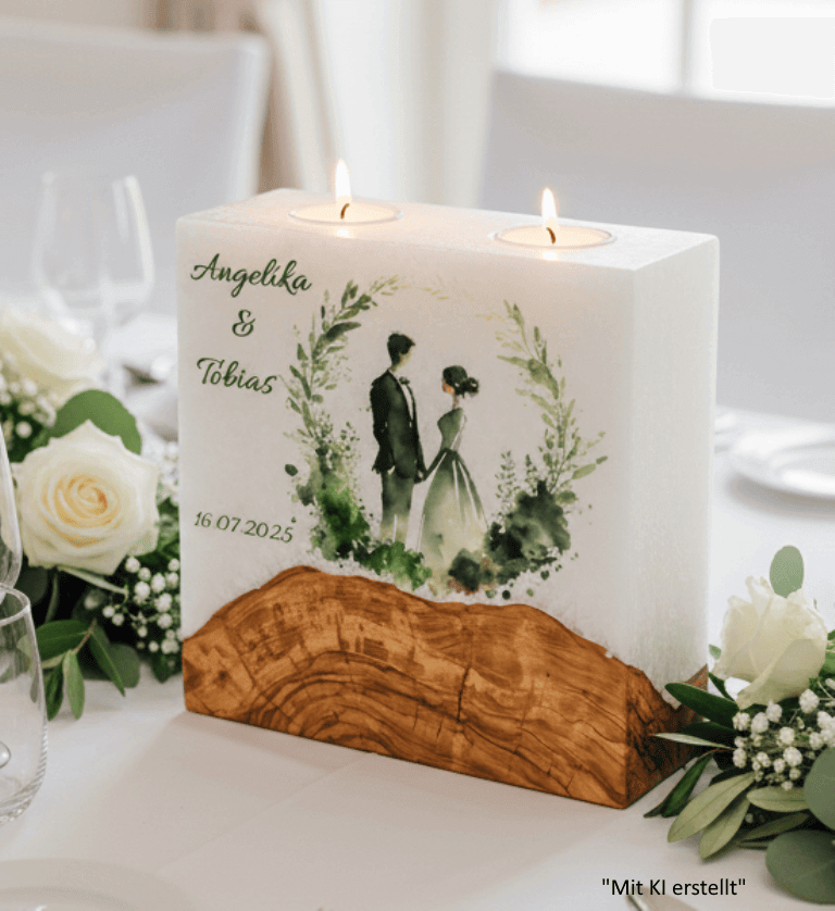 "Brautpaar im Kranz" Hochzeitskerze mit Sockel und 2 Teelichter 20 x 20 cm