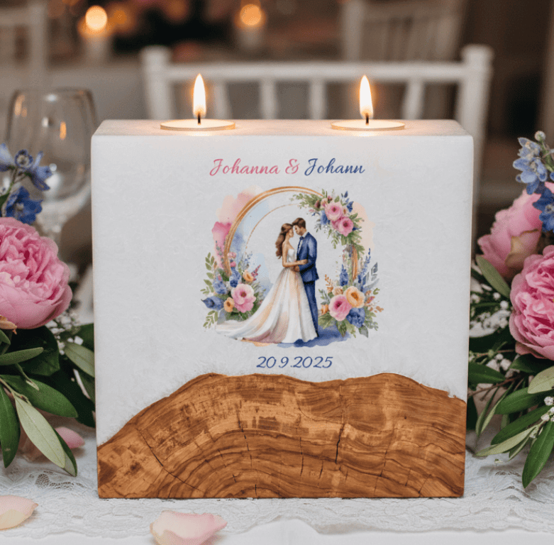 Hochzeitskerze "Brautpaar im Rosenbogen" mit Sockel und 2 Teelichter 20 x 20 cm